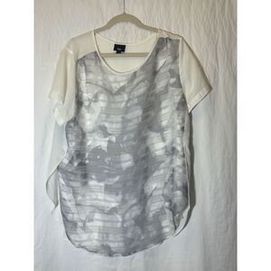 Mossimo Short Sleeve Top White Grey Side Slit Satin T-Shirt Floral Sheer XXL Y25